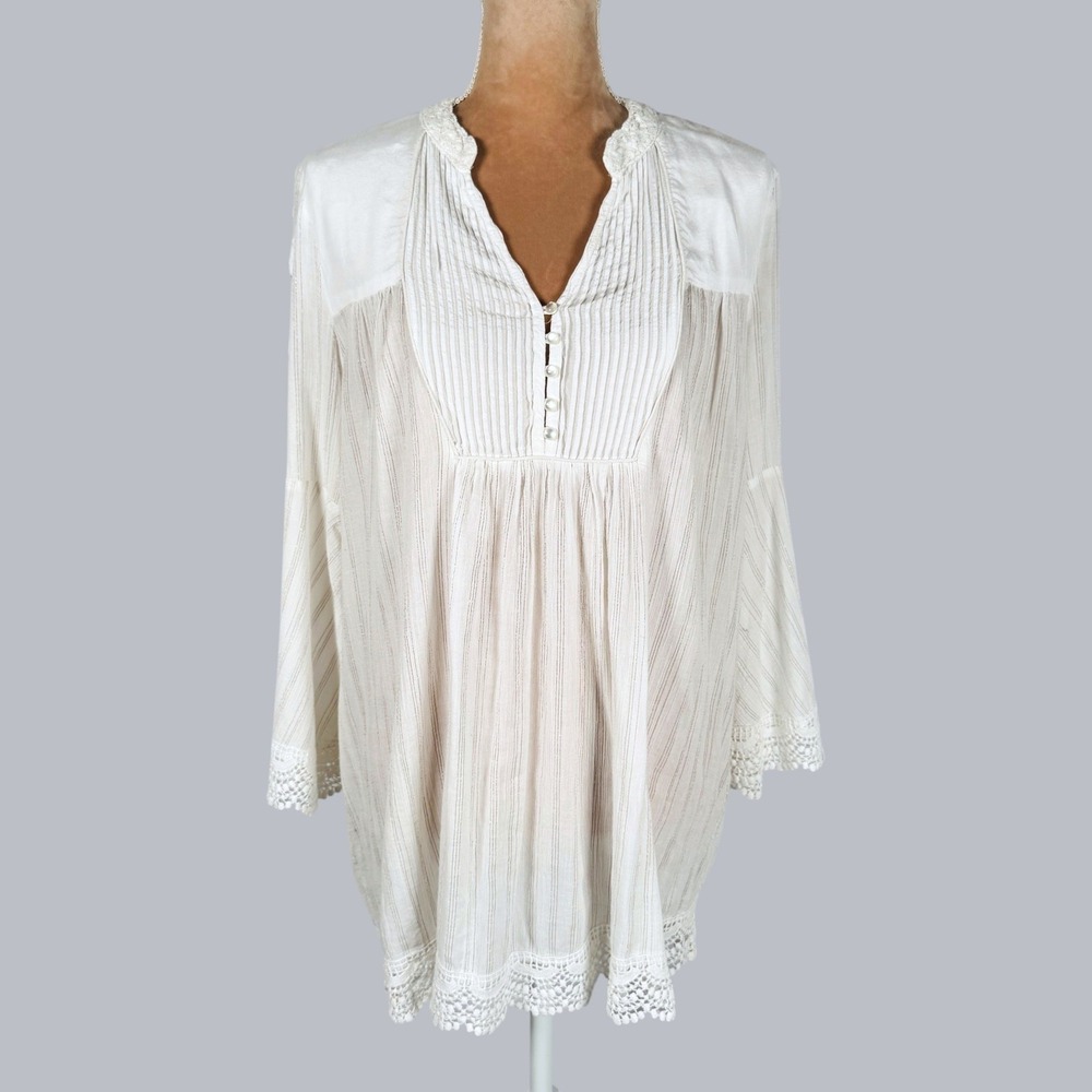 Free People Tunic Top Womens Small Ivory Boho‎ Lace Metallic Pintuck Bell Sleeve